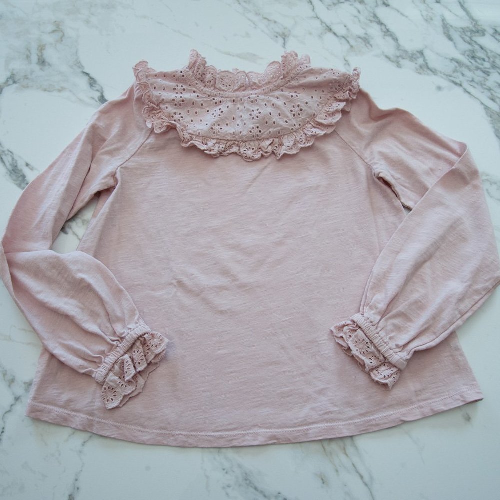 Mini Boden Girls Frill Broderie Jersey Top Shirt Provence Dusty Pink, 9-10y